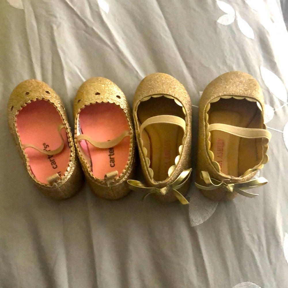 Two pairs gold glitter ballet flats